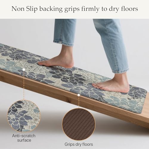 GENIMO Kitchen Mats for Floor, Kitchen Rugs Non Slip Washable Sets of 2, Waterproof Cushioned Anti Fatigue Mat, Floral Runner Rug for Laundry, Sink, Office, Home, 17.3"x47"+17.3"x30", NavyBlue - color: Navy Blue, size: 17.3"x47"+17.3"x30"