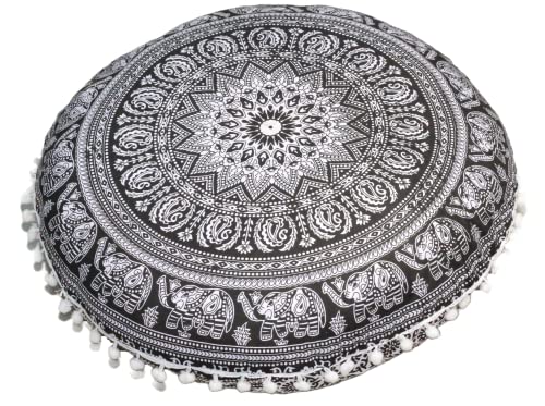 Round Mandala Floor Pillow Cover Seating Cushion Throw Cover Hippie Decorative Bohemian Ottoman Pouf Cover, Pom Pom Pillow Cases,Boho Indian 22 Inches (Black Elephant Flower) - color: Black Elephant Flower