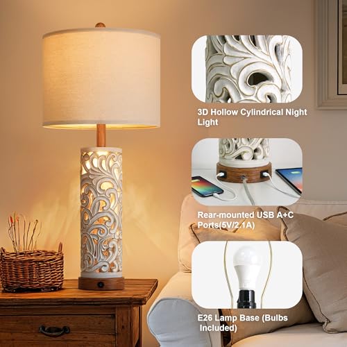 OYEARS 2-in-1 Light Table Lamp Set of 2 for Living Room, 28.5" Farmhouse Bedside Lamps with USB Charging Port, Main&Night Light & Dual Switches, Nightstand Lamp for Bedroom Home Office(Bulb Included) - color: Washed White and Brown