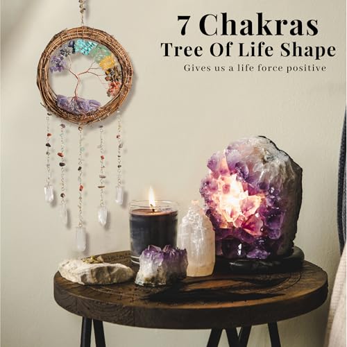 Dream Catcher - Dreamsum 7 Chakra Tree of Life Dream Catcher Native Boho Dreamcatcher Rattan Wall Decor, Handmade Natural Rattan Brown Crystal Hanging Decor for Bedroom Living Room (Dark Brown) - style: Rattan-Crystal
