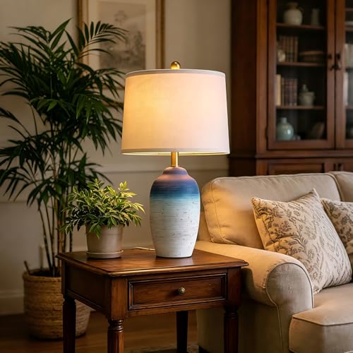 USumkky 24.5" Vintage Ceramic Table Lamp with 5FT Cord - Single Farmhouse Rustic Bedside Lamp with Natural Textured Finish, Nightstand Lamps for Living Room, Bedroom, End Table, Office White and Blue - color: 24.5" Office White & Blue