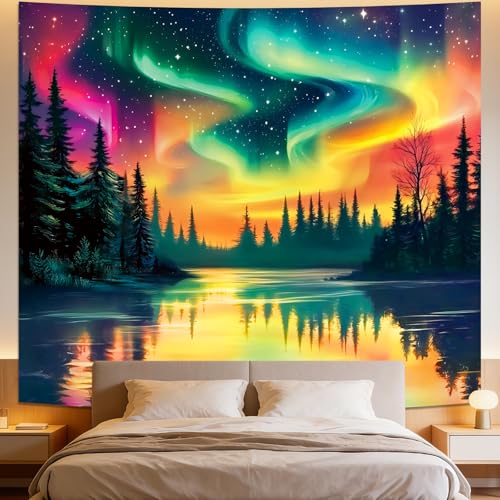Apdidl Forest Space Tapestry for Bedroom Ceiling, Large Nature Colorful Galaxy Night Starry Sky Tapestries, Northern Aurora Landscape Tree Wall Hanging Decor for Living Room Boys (51"X60") - color: Wall Tapestry Aurora, size: 60"L x 51"W