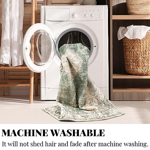 MUJOO Green Area Rug Small Rugs Boho Machine Washable Rugs Non Slip for Entryway Kitchen Bathroom Bedroom Vintage Soft Low-Pile 2'x3' Flowers - color: Green, size: 2' x 3' (Rectangular)