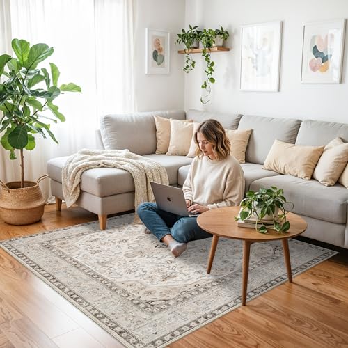 4x4 Rug Square Washable for Entryway: Oriental Area Rugs for Kitchen- Ultra Thin Low Pile Stain Resistant Carpet - Home Decor for Vintage Style Lover Pet Owner - 4' Square Ivory - color: Ivory, size: 4' x 4' (Square)
