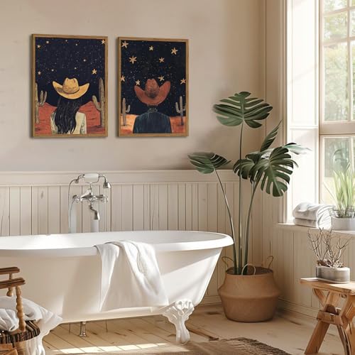 Framed Boho Western Cowboy and Cowgirl Wall Art Set of 2, Vintage Southwestern Desert Starry Sky Cactus Pictures Wall Decor, Rustic Farmhouse Paintings Canvas Prints for Living Room Bedroom 12x16 inch - color: Cowboy, size: 16L" x 12W"