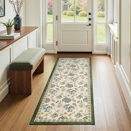 jinchan Elora 2x5 Floral Runner Rug for Hallway Washable Kitchen Runner Vintage Romance Design Non Slip Thin Indoor Floor Cover Low-Profile Throw Carpet for Entryway Bedroom Porch, Green/Beige - color: Bloom Green/Beige, size: 2' x 5' (Light Weight)