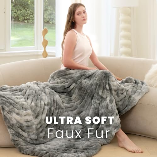 Faux Rabbit Fur Throw Blanket, Ultra Soft Plush Cozy Blanket for Couch Bed, Thick Fluffy Ruched Tie-Dye Decorative Blanket, Giftable, 50"x60",Tie-Dye Gray - color: Tie-dye Gray, size: Throw(50"x60")