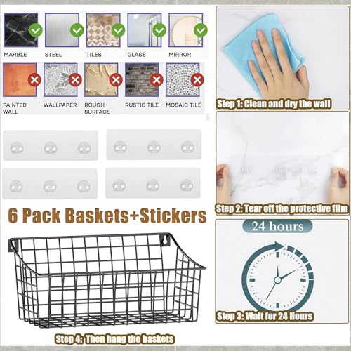 Sonyabecca 6 Pack Hanging Wall Basket for Organizing, Large Wire Basket for Storage Pantry with 5 S Hook+6 Adhesive Hook, Wall Mounted Shelf for Kitchen Bathroom - size: 13"L x 6.3"W x 6.02"H-6Pack