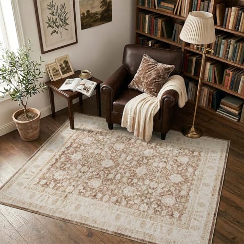 jinchan 4x6 Washable Vintage Area Rug, Distressed Traditional Floral Dining Room Rug, Soft Low-Pile Non-Slip Floor Mat for Bedroom Nursery Home Office Living Room, Taupe - color: Oriental Taupe, size: 4' x 6' (Rectangular)