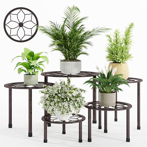 Metal Plant Stand Indoor Outdoor,Indoor Plant Stands for Patio Rust Proof,Heavy Duty Flower Pot Stands for Multiple Plant,Brown Potted Plant Holder for Garden Home (5 Pack Brown) - color: B-5 pack Brown