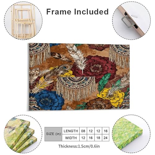 Boho Feather Fringe Art Wall Art Decor Framed 18x12 Inch, Wall Decor Poster for Bedroom Living Room Office Decor (Wooden Inner Frame) - size: 18"L x 12"W