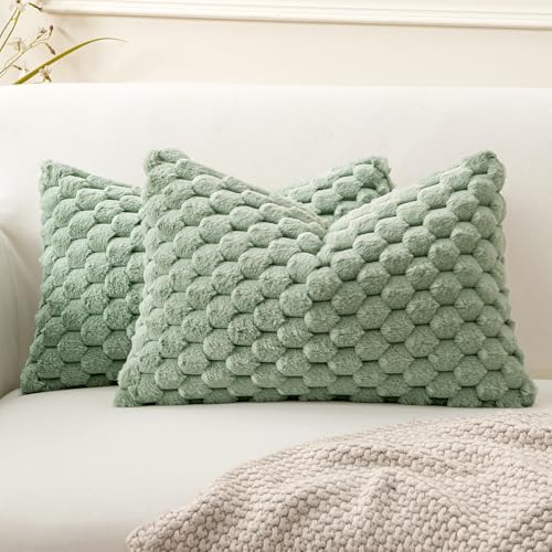 MIULEE Spring Sage Green Faux Fur Lumbar Decorative Throw Pillow Covers 16x16 Inch Set of 2 Super Soft Cozy Plush Cushion Cases Luxury Fluffy Pillowcases for Sofa Couch Bed Living Room - color: Sage Green, size: 20" x 12" (Pack of 2)
