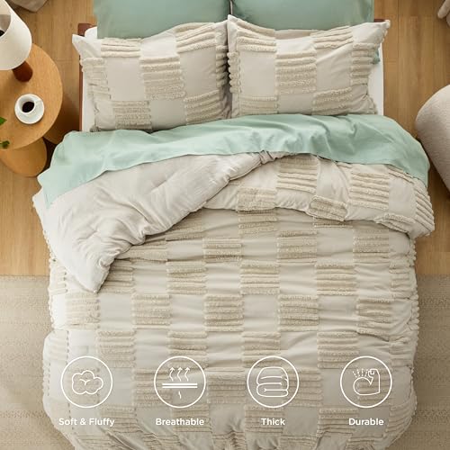Bedsure Full Size Comforter Set Linen, Boho Tufted Bed Set, Grande Checkered Farmhouse-Style Distressed Vintage Bedding, 3 Pieces, 1 Plaid Geometric Comforter and 2 Pillow Shams - color: 07 - Linen - Large Checkboard, size: Full