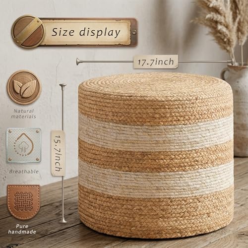 Handmade Water Hyacinth Ottoman - 17.7" Round Woven Foot Stool with High-Density Padding - Decorative Straw Pouf for Living Room & Bedroom, Boho Floor Seating & Small Tea Table, White