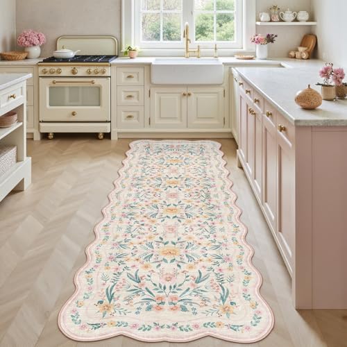Scalloped Floral Runner Rug 2x6, Pink Washable Non-Slip Boho Hallway Rug, Soft Cute Carpet Runner for Kitchen, Bathroom, Laundry, Entryway or Bedroom - color: Pink Scalloped, size: 2 x 6 ft