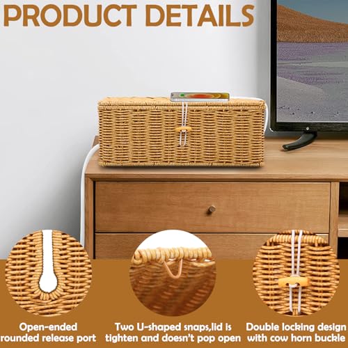 Cable Management Box, Handmade Imitation Rattan Cord Cable Organizer, Open Slots Cords Hider Box Cord Basket Under Desk Cord Organizer for Computer Router USB Hub & Power Strip - size: 13.0" (L) x 5.5" (W) x 5.1" (H) - 1 Pack