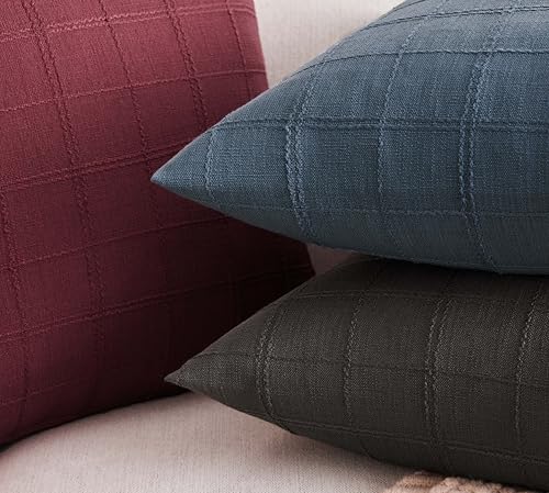 ZeeMart Linen Checked Throw Pillow Covers Set of 2, 20x20 Inch Allover Grid Charcoal, Farmhouse Decorative Double Sided Grid Embroidered Couch Pillow Cases Grey Cotton Linen Cushion Covers - color: Allover Grid Charcoal, size: 20" x 20" (Pack of 2)
