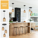 LAMSU 3 Pack Rattan Pendant Lights Kitchen Island, Farmhouse Pendant Lighting with Hand Woven Wicker Shade, Boho Chandelier Light Fixtures Ceiling Hanging for Dining Room Bedroom Foyer Hallway - size: 3 Pack
