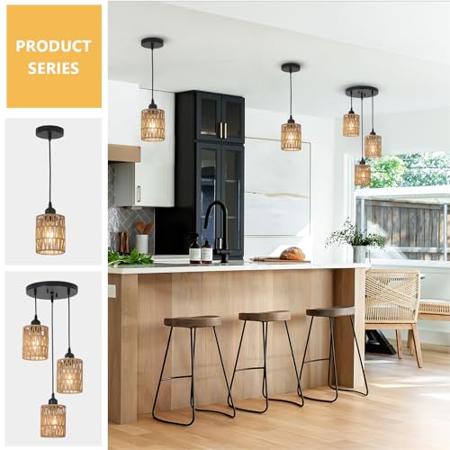 LAMSU 3 Pack Rattan Pendant Lights Kitchen Island, Farmhouse Pendant Lighting with Hand Woven Wicker Shade, Boho Chandelier Light Fixtures Ceiling Hanging for Dining Room Bedroom Foyer Hallway - size: 3 Pack
