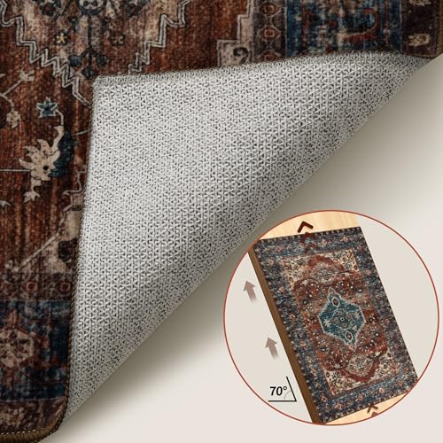 Tangsoo 2x5 Washable Runner Rug for Hallways, Non Slip Vintage Runner Rug, Soft Low Pile Long Rug Runner, Print Distressed Carpet Runners for Kitchen Bedroom Entryway Bathroom Living Room Rust - color: Rust/Blue, size: 2' X 5' (Runner)