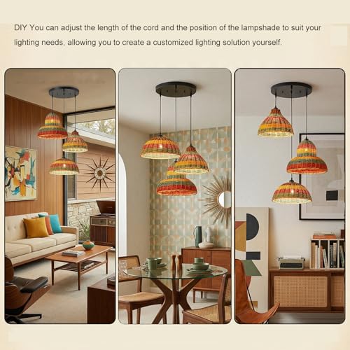 Farmhouse Rattan Pendant Light 3-Lights Woven Chandelier Boho Hanging Light Fixture Multicolor Basket Wicker Shade Rattan Chandelier for Kitchen Dining Room Living Room, DIY, Adjustable Height - color: Rattan -3-Light, Multicolor