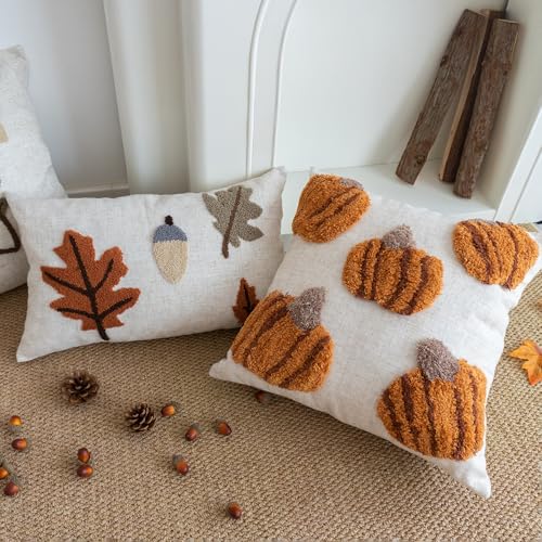 Fall Tufted Pumpkin Pillow Cover, Fluffy Autumn Harvest Throw Pillow Sham, Orange Burlap Decorative Pillowcase for Farmhouse Halloween Thanksgiving Home Decor, Square 18 inches, 1PCS