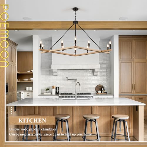 Farmhouse L53'' Wooden Square Chandelier Natural 10-Light Rustic Rectangular Candle Chandeliers Long Ceiling Pendant Lighting for Living Dining Room Foyer Kitchen Bedroom High Ceiling,E12 - color: Natural, size: 53 inches