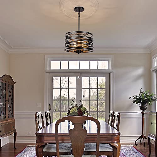 12.6'' Farmhouse Chandeliers for Dining Room, 3-Light Industrial Metal Hanging Light Fixture, Rustic Drum Pendant Light for Entryway Kitchen Foyer Bedroom, Black with Retro Wood Texture Interior - color: Black with Retro Wood Texture Interior, size: 12.6"