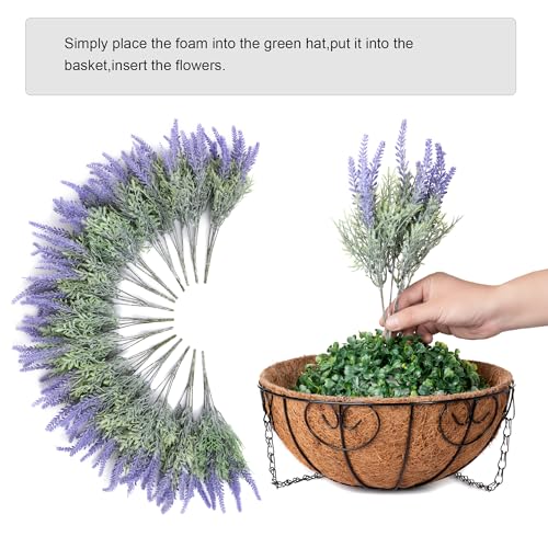 Ivydale Artificial Faux Outdoor Hanging Flowers Plants Basket for Porch Spring Decoration, 12 Bundlies Fake UV Resistant Lavender with Coconut Lining Baskets for Home Patio Balcony Yard