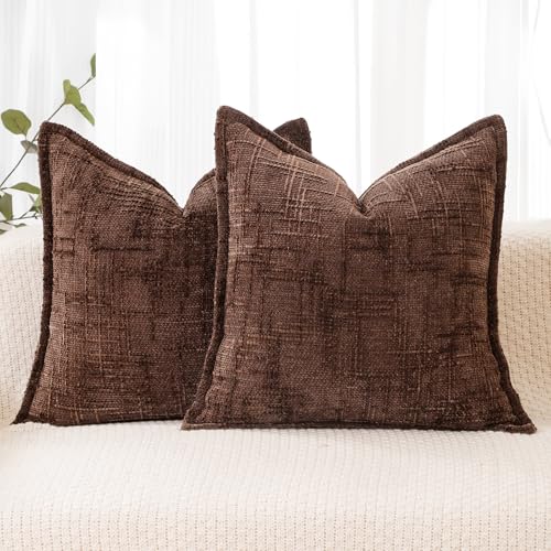 HPUK Fall Chenille Soft Throw Pillow Covers 18x18 Set of 2, Accent Cushion Covers for Living Room, Bedroom, Decorative Solid Color Pillow Covers for Couch, Sofa, Chair, Chocolate - color: Chenille-chocolate, size: 18" x 18" (Pack of 2)