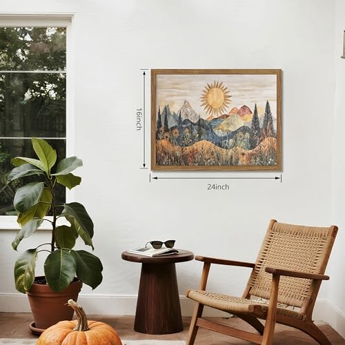 Framed Boho Sun Canvas Wall Art, Modern Abstract Mountain Landscape Painting, Southwestern Sun Poster Picture Print, Boho Floral Aesthetic Wall Decor for Bedroom Home Office 16x24 inch - color: Mountain Scenery, size: 24"L x 16"W