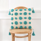 Boho Tufted Decorative Throw Pillow Cover, Cozy Bohemian Cotton Canvas Cushion Cover Tassels Pillow Case Home Decor 17"X 17",Blue Green