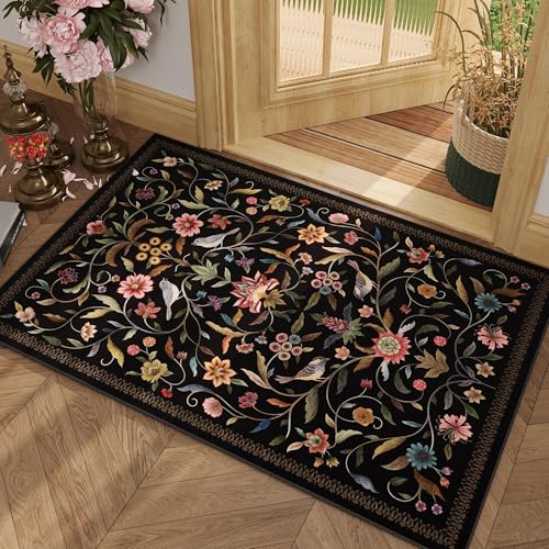 Vintage Medallion Floral Indoor Door Mat 2x3, Machine Washable Entryway Rug, Low Pile Soft Small Carpet, Non-Slip Area Rug for Entrance, Bedroom, Kitchen & Kids Room | Black - color: Black, size: 2' x 3' (Rectangular)