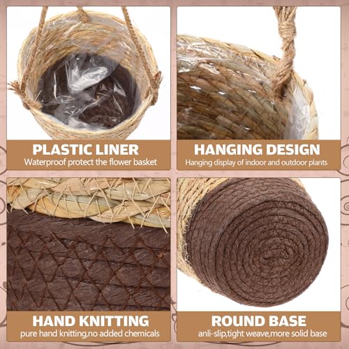 6 Pcs Seagrass Hanging Planter Basket Hand Woven Plant Basket with Plastic Liners Hanging Plant Holder Storage Containers with Cotton Rope for Indoor Garden Decor (Small,Brown,Coffee Brown) - color: Brown, Coffee Brown, size: Small