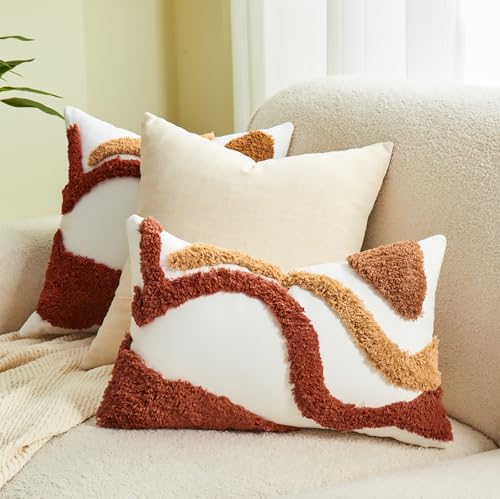 lifein 12x20 Pillow Covers-Lumbar Pillow Covers Boho Couch Pillows Embroidered Decorative Accent Pillows Mid Century Textured Pillowcases for Couch Sofa Living Room Bed Home Decor (Burnt Orange) - color: C-cr711(1 Pack Without Pillow Insert), size: 20" x