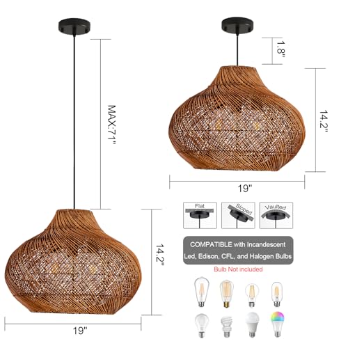 18.9IN Boho Rattan Chandelier 3-Lights Hand-Woven Rattan Pendant Light Farmhouse Wicker Dining Room Light Hanging Bamboo Pendant Light Fixture for Kitchen Island Living Room Hallway Reataurant - color: Brown-A