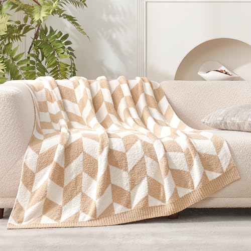 Snuggle Sac Chevron Throw Blanket for Couch, Reversible Super Soft Warm Blankets Cozy Knit Fuzzy Plush Lightweight Throws for Sofa, Bed, Camping, Beige,50x60 inches - color: Chevron Beige, size: Throw(50"x60")