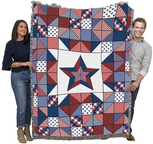 Pure Country Weavers Red White and Blue Patchwork Quilt - Americana Gift Tapestry Throw Blanket Woven from Cotton - Made in The USA (72x54) - color: Red White and Blue Patchwork Quilt, size: 72x54
