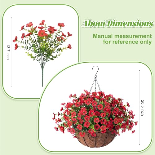 Ammyoo Artificial Faux Hanging Plants Flowers Basket for Spring Outdoor Decoration, Fake Silk Daisy UV Resistant Look Real with Eucalyptus Leaves Summer Outside Decor for Home Patio Garden - color: Red