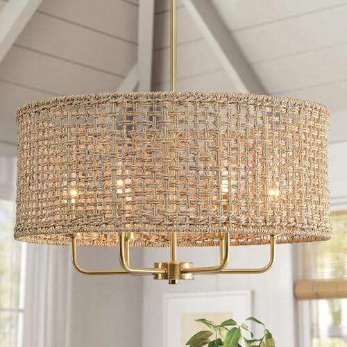6-Light Rattan Chandelier for Dining Room, Boho Chandelier, Coastal Hand Woven Pendant Light Fixture for Kitchen Island Entryway Foyer Living Room Bedroom UL Listed Gold - color: Gold, size: 21.65"