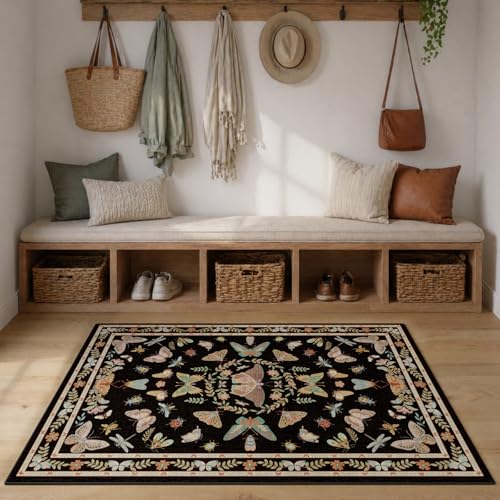 Unirea 3x5 Black Bedroom Entryway Kitchen Area Rug, Washable Non Slip Boho Insect Rug for Living Room, Bathroom, Home Office, Kids Room, Laundry Room, Soft Low Pile Insect Bug Rugs, Thin Carpet - color: Black, size: 3'x5'