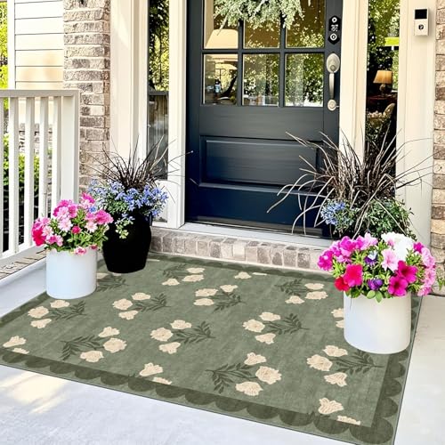 3x5 Floral Entry Rug - Small Washable Indoor Outdoor Mats for Front Door Non-Slip Spring Porch Rug Sage Green Farmhouse Throw Rugs for Living Room Bedroom Entryway Kitchen Office Porch Decor - color: Flower - Green, size: 3' x 5' (Rectangular)