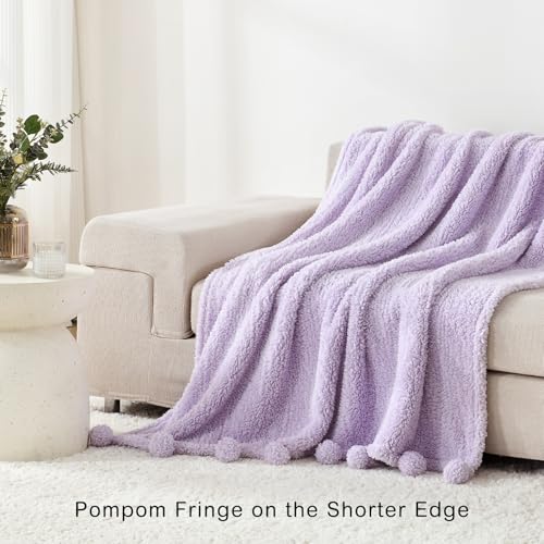 HORIMOTE HOME Ultra Soft Cozy Sherpa Throw Blanket with Pompom Fringe, Light Weight Warm Decorative Boho Style Plush Throw Blanket Cover for Couch, Sofa, Bedroom,Travel, Outdoor, 50”x60”, Purple - color: Purple, size: Throw-50'' x 60''