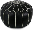 Stuffed Round Design Moroccan Leather Pouf Ottoman, Handmade, Pre-Filled, 100% Genuine Leather, 13” Height x 20” Diameter, Footstool & Living Room Décor (Black with White Stitches)