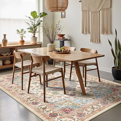 5x7 Area Rugs - Washable Rug Vintage Distress Boho Medallion Rugs for Living Room, Soft Non-Slip Backing Low Pile Carpet for Bedroom Dining Room Office Nursery Dorm Home, Vintage Orange - color: G-vintage Orange, size: 5' x 7' (Rectangular)