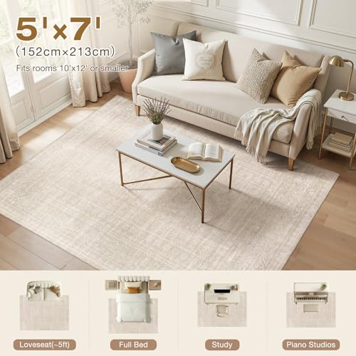 Nakagishi 5x7 Area Rugs Living Room: Washable Large Vintage Rug Neutral Non-Slip Soft Stain Resistant Indoor Carpet for Bedroom Nursery Dining Room Office Playroom - Beige - color: Beige, size: 5' x 7' (Rectangular)