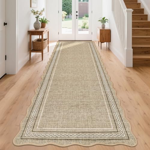 GarveeHome Scalloped Washable Runner 2x8 Rugs for Entryway Non Slip Kitchen Runner Natural Jute Printed Low Pile Hallway Rug Stain Resistant Carpet for Bathroom Laundry Room, Jute - color: Jute Color, size: 2' x 8' (Runner)