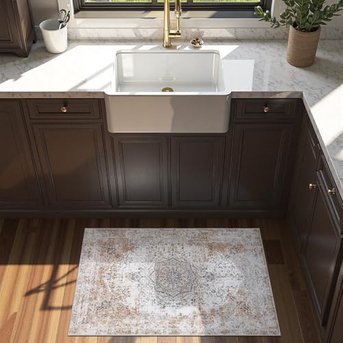 jinchan Area Rug 2x3 Washable Door Mat Vintage Distressed Rug Doormat Indoor Entrance Thin Traditional Floral Lightweight Non Slip Carpet for Kitchen Bedroom Living Room Taupe - color: Vintage Taupe, size: 2' x 3' (Rectangular)