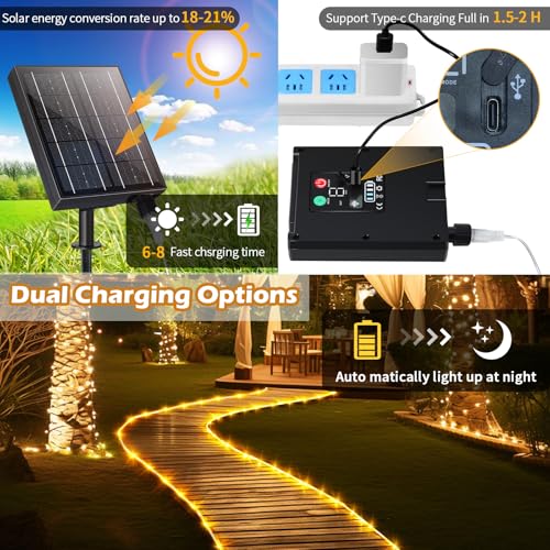 LairtPOW Thicker Tube Solar Rope Lights with Remote for Garden Decor,98FT 300LEDs Outdoor Solar String Lights for Yard,IP67 Waterproof USB Charging,Timing & 8 Modes Fairy Light for patios(Warm White) - color: Brighter-Warm White, size: 300 LED