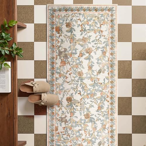 jinchan Eden Floral Washable Runner Rug 2x5 Vintage Hallway Rug Non-Slip Lightweight Soft Thin Kitchen Low Pile Distressed Orange Fall Decor Carpet for Bathroom Laundry Room Bedroom Entryway - color: Eden Orange, size: 2' x 5' (Runner)